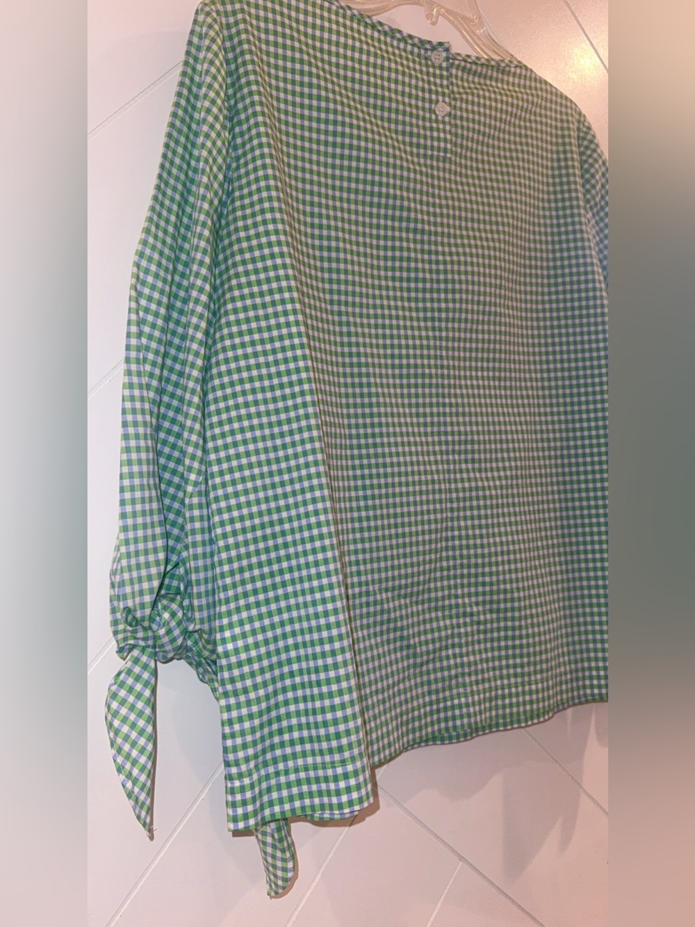 Lafayette 148 New York Margarita Ithaca Gingham Mini Check green blue Blouse Med - Picture 3 of 9